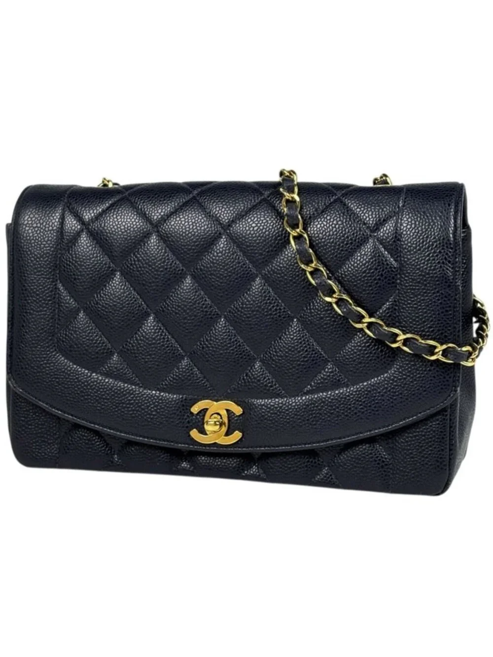 Chanel Diana Quilted Shoulder Bag CC Logo Single Flap Caviar Leather Navy